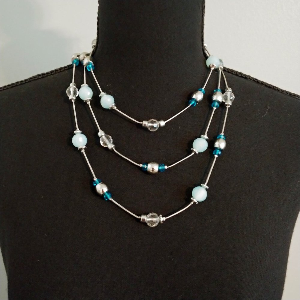WHBM 60 inch SIlvertone Necklace with Silver, Blue and Clear Beads